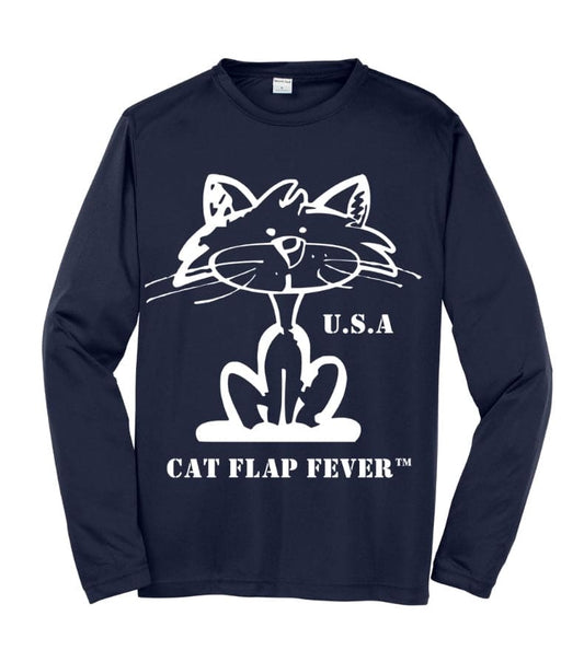 Cat Flap Fever Dry Fit Long Sleeve Shirt Navy Blue U.S.A.